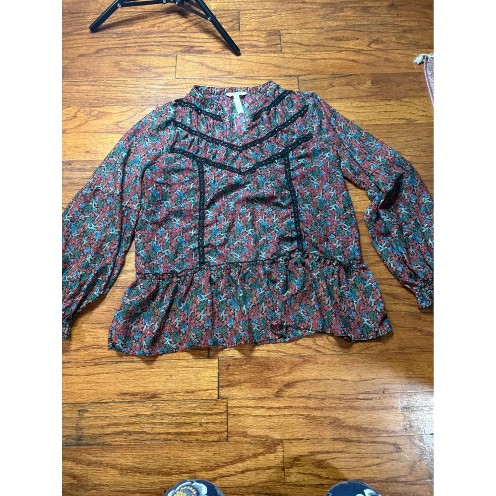 Matilda Jane Womens Floral Peplum Blouse Lace Trim Long‎ Sleeve Top Multicolor M